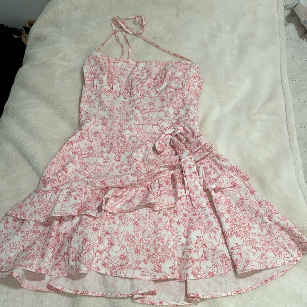Pink and white halter mini flare tie dress